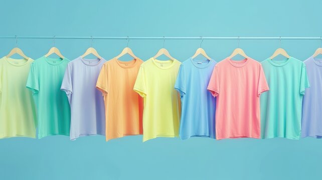 colorful cotton t-shirts on hangers. generative ai