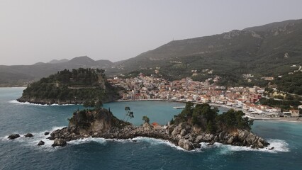 aerial view wild sea waves crushing on rocks in parga town epirus greece