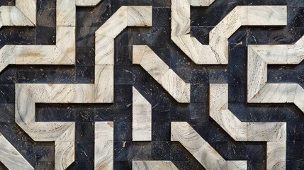 Detailed view of triangular cement tiles forming a labyrinth-like pattern on a wall, background, wallpaper