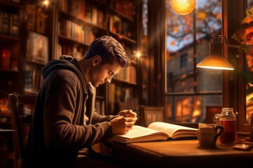 In the corner of a cozy cafe with soft lighting, a man sits at a table, immersed in a book. The walls are decorated with shelves with colorful books, and the aroma of coffee fills the room. - obrazy, fototapety, plakaty