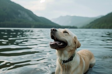 labrador retriever panting joyfully after a swim in a lake