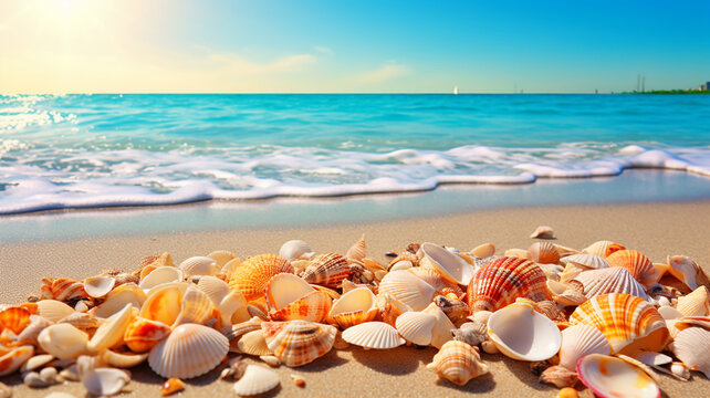  Vibrant seashells scattered along the shoreline, gleaming under the bright sunshine against the backdrop of a calm, turquoise sea