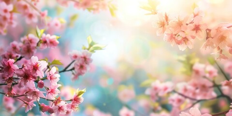 A beautiful, sun-drenched spring summer flowers. Natural colorful panoramic landscape with many wild flowers against blue sky. A frame with soft selective focus.