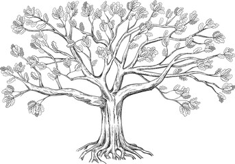 Family oak tree. Isolated on white background. Hand drawn illustration. 