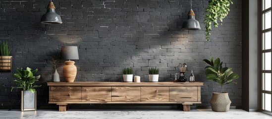 Wooden Stand with Decor and Lamps next to Grey Brick Wall in a Room