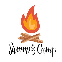 Summer Camp text with Cartoon fire. Bonfire, camp fire badge or label. Sticks or firewood burn in red fire. Burning wood. Hand drawn illustration isolated on white background. Flame with firewood