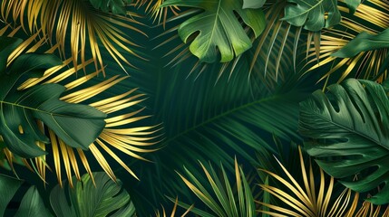 Fototapeta na wymiar Detailed view showcasing a bunch of vibrant green and golden leaves with a tropical backdrop, background, wallpaper