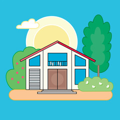 House with trees against the background of the sun. Vector illustration in flat style.