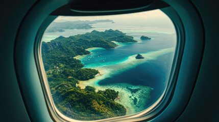 Fototapeta premium Islands in from an airplane window. The islands are covered in lush green vegetation and surrounded by crystal-clear blue water. 