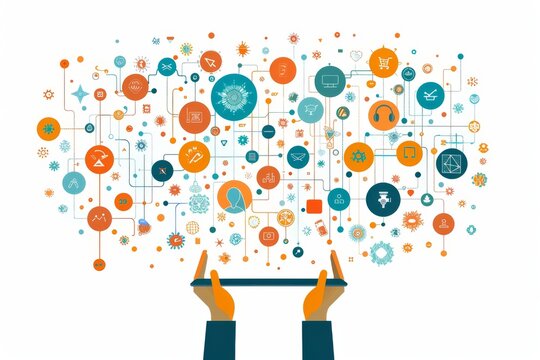 Professional presenting a tablet with e-learning icons floating above, showcasing access to educational resources at one's fingertips