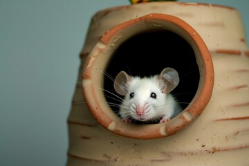 white mouse glimpsing out of a hole in a flower pot