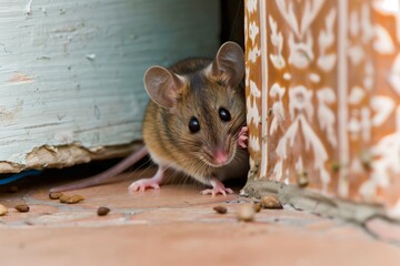 mouse with tiny feet visible at the entrance of a wall cavity