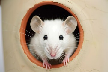 white mouse glimpsing out of a hole in a flower pot