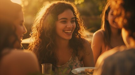 A smiling, happy, beautiful woman at an outdoor dinner party with family and friends is sitting at a table and having a pleasant conversation - obrazy, fototapety, plakaty
