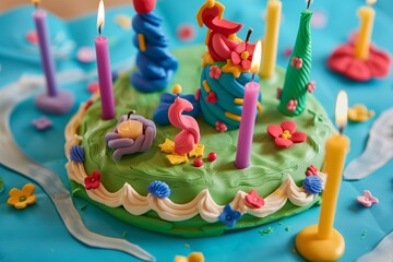 crafting a plasticine cake with candles and decorations - obrazy, fototapety, plakaty