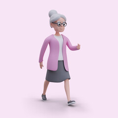 Vector grandmother confidently hurries forward. Elderly woman in glasses walks