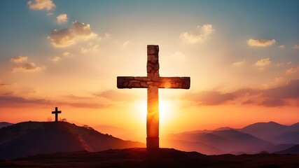 Sunrise Service: Sun Rising and Cross. Easter celebration, fire, symbolism, spiritual experience, and concept religious ceremony