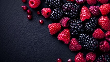 Fresh raspberries and blackberries are spread out on a dark black surface, creating a vivid contrast of vibrant berry hues against the backdrop, background, wallpaper, copy space - Powered by Adobe