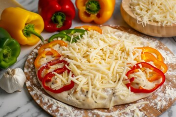 variety of bell peppers sliced next to dough with cheese