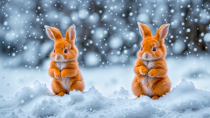 Winter landscape with red rabbits