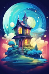 little house in magical world childish illustration