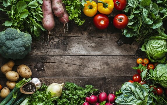 Rich display of diverse vegetables spread across a rustic wooden surface with copy space for text.
