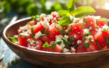 Vibrant watermelon salad topped with crumbled feta cheese and fresh mint leaves, served in a rustic brown bowl, perfect for a summer refreshment.