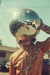 Vintage retro image of a person with a disco ball head. nightclub party portrait