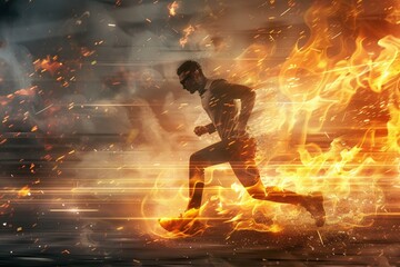 Businessman on fire running with a sense of urgency and rush. Generative AI