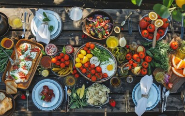 A sunny outdoor spread of Mediterranean dishes including vibrant tomato salad, fresh bread, and a variety of small plates.