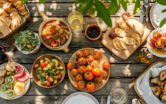 A sunny outdoor spread of Mediterranean dishes including vibrant tomato salad, fresh bread, and a variety of small plates.
