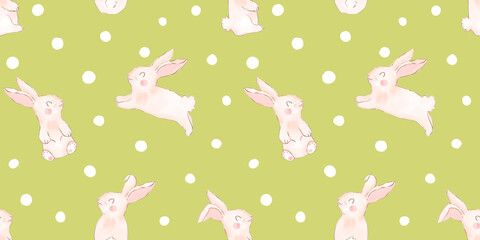 Easter bunnies Seamless pattern, watercolor style, spring pattern with dots and rabbits, rabbits in different poses seamless pattern, green background, hares spring print for textiles