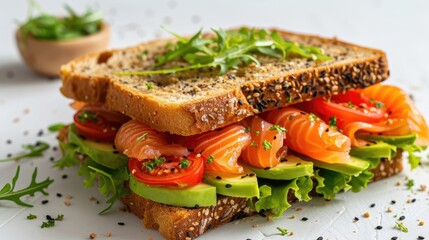 sandwich with avocado, lettuce and salmon on white background.