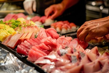 Obraz premium preparing a sashimi platter with raw fish
