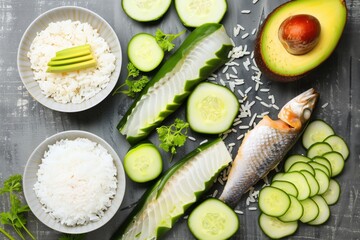 ingredients array: fish, rice, avocado, cucumber
