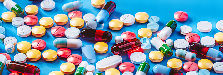 Various Painkiller and Antibiotic Pills, Health Care and Pharmaceutical Concept on a Blue Background