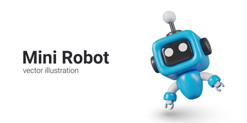 Blue mini robot in cartoon style. Mini cyborg with manipulators, antenna and screen