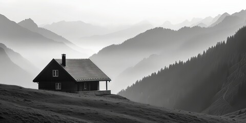 Image of a black and white minimalist tiny house nestled in the serene mountains, Generative ai. - obrazy, fototapety, plakaty