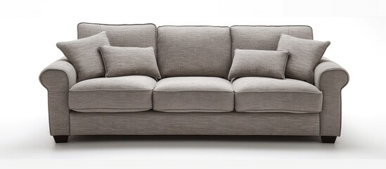 Cozy three-seat fabric sofa on a white background