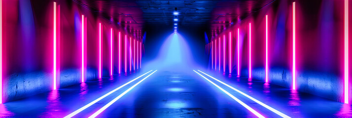 Vibrant Neon Tunnel, Futuristic Design with Blue and Pink Lights, Abstract Interior Concept Background