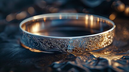 Bracelet made of polished silver and adorned with intricate engravings, Generative ai. - obrazy, fototapety, plakaty