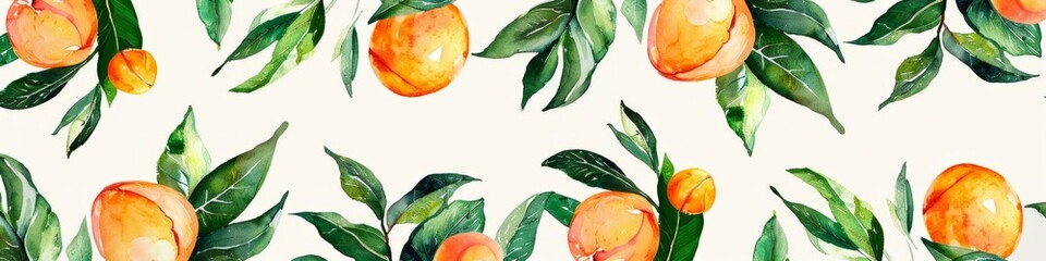 Artistic backdrop featuring watercolor peaches with lush green leaves, background, wallpaper, banner