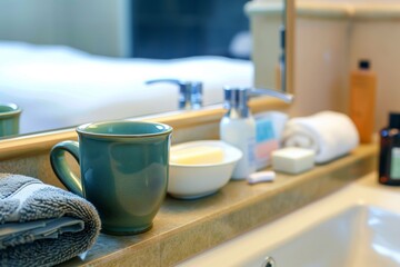 ceramic tea cup on edge of sink beside toiletries - obrazy, fototapety, plakaty