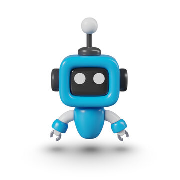 Realistic blue mini robot. Droid in air. Funny mechanical assistant on white background
