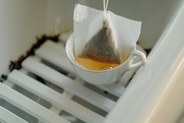 closeup of tea bag steeping in cup on bathtub tray - Powered by Adobe