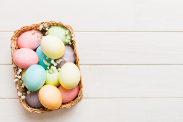 Happy Easter composition. Easter eggs in basket on colored table with gypsophila. Natural dyed...