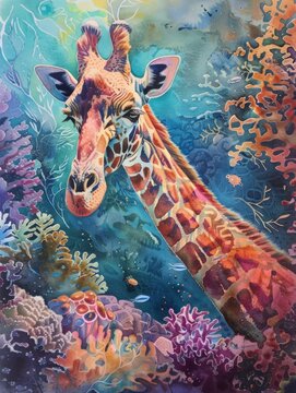 Watercolor painting of a giraffe, abstract underwater background. Use for phone wallpaper, posters,
 cards or brochures.