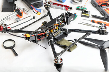 Drone assembly, electronic components in the workshop - 769504615