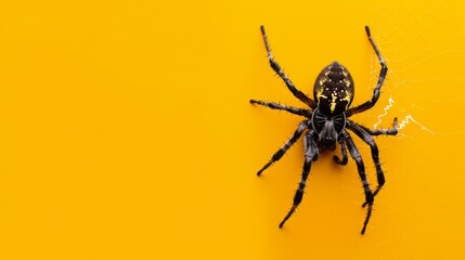 Funnel-web spider on a yellow background. Dangerous insect.