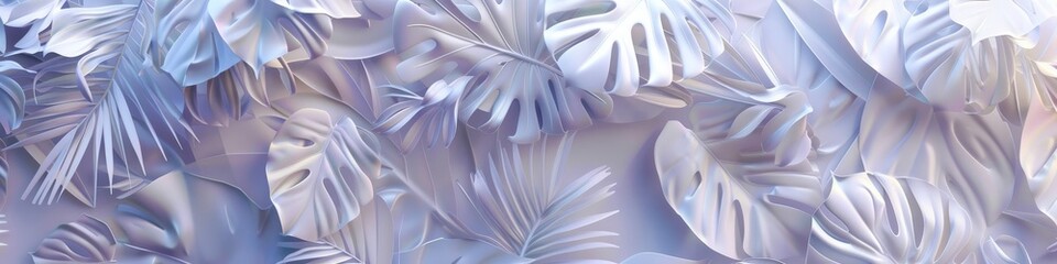 Detailed view of a pattern of white tropical leaves in a close-up shot, showcasing intricate shapes and textures, background, wallpaper, banner